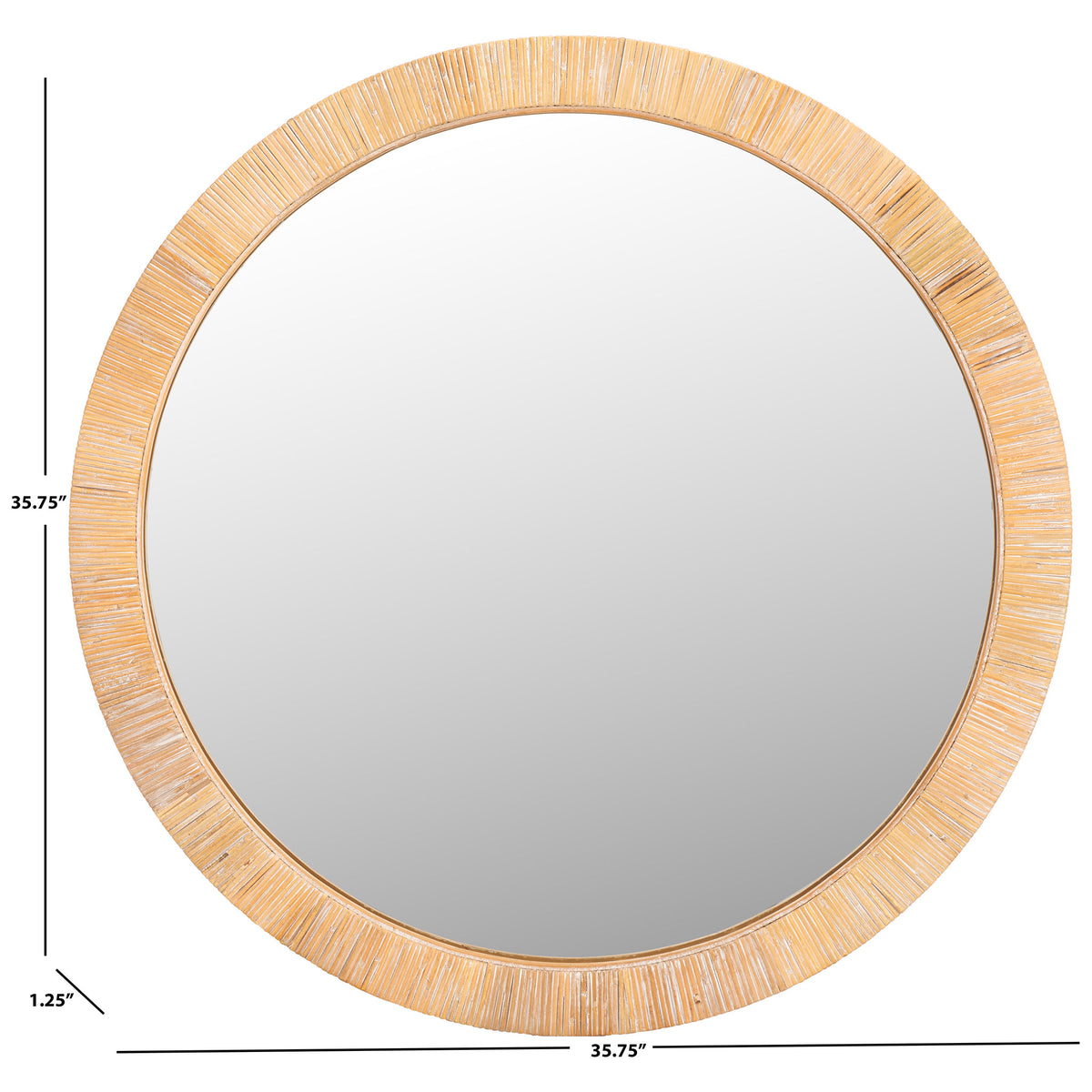 The round mirror measures 35.75 inches wide and tall, with a slim 1.25-inch depth. || MRR9001A || dimension_studio