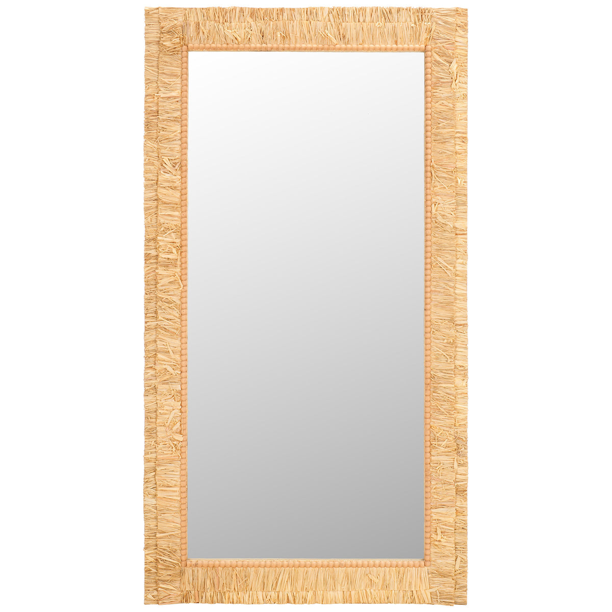 A tall rectangular mirror pairs a warm natural finish with richly textured framing and beaded trim. || MRR9003A || front_studio
