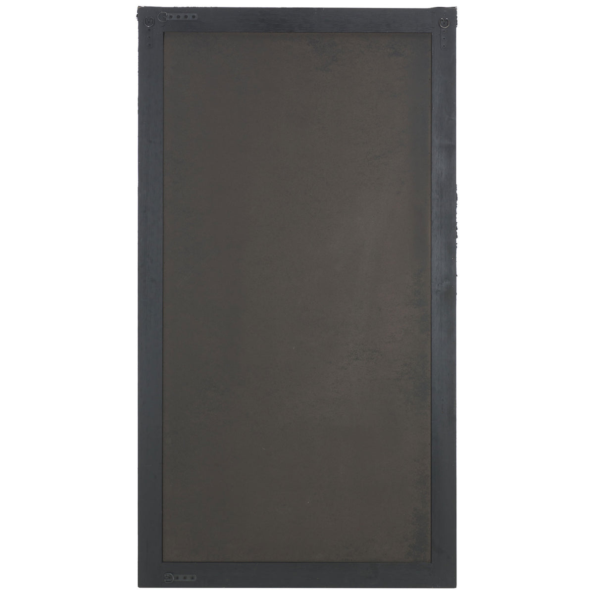 Black wood backing and metal mounting hardware support this tall rectangular mirror. || MRR9003B || back_studio