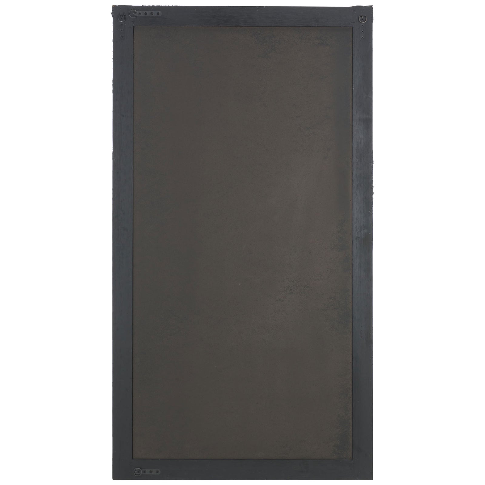 Black wood backing and metal mounting hardware support this tall rectangular mirror. || MRR9003B || back_studio