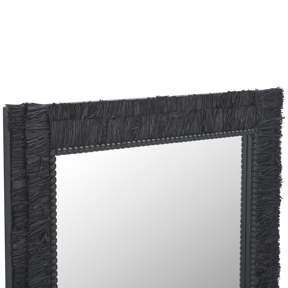 Textured black strands fringe the outer frame, while dark beads border the mirror glass. || MRR9003B || detail_studio