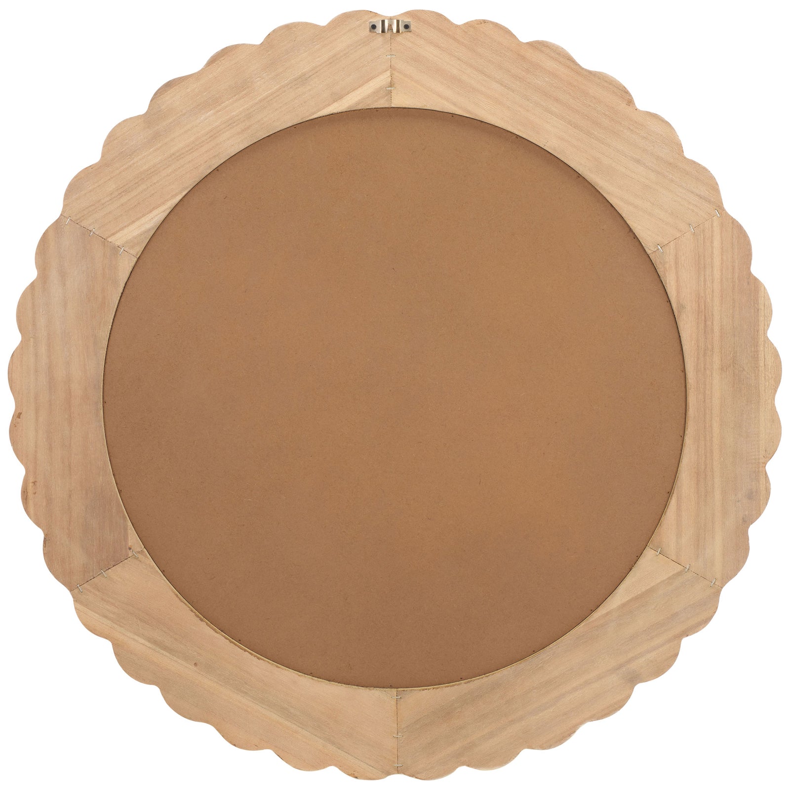 Unfinished wooden backing reveals a metal wall hanger behind the scalloped mirror. || MRR9004A || back_studio