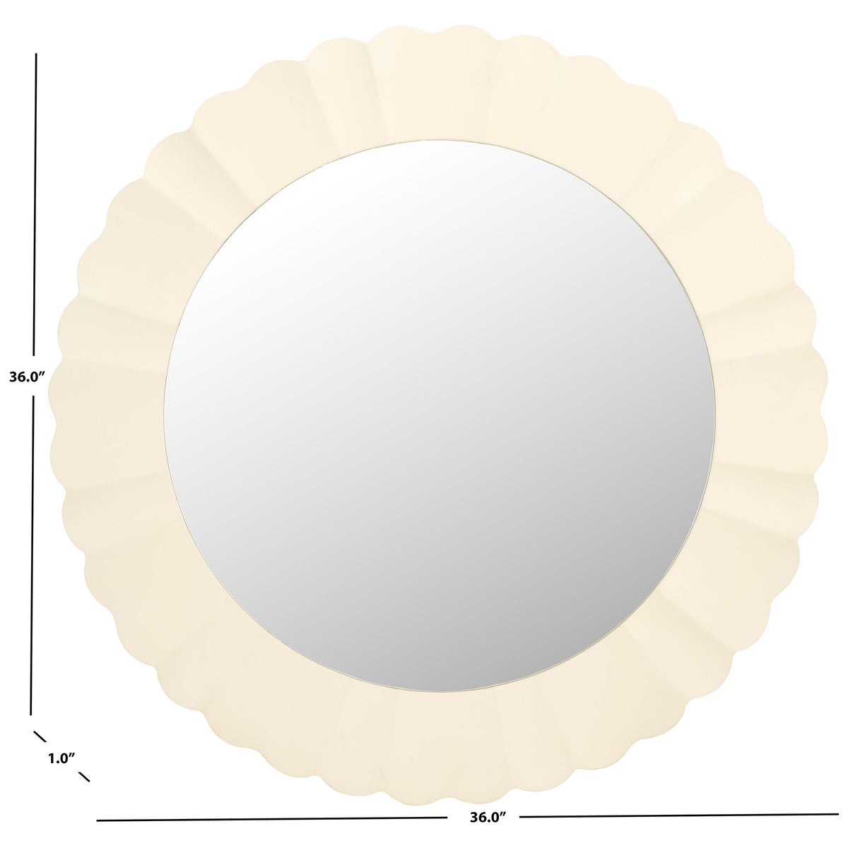 The white scalloped mirror measures 36 inches in diameter and 1 inch deep. || MRR9004A || dimension_studio