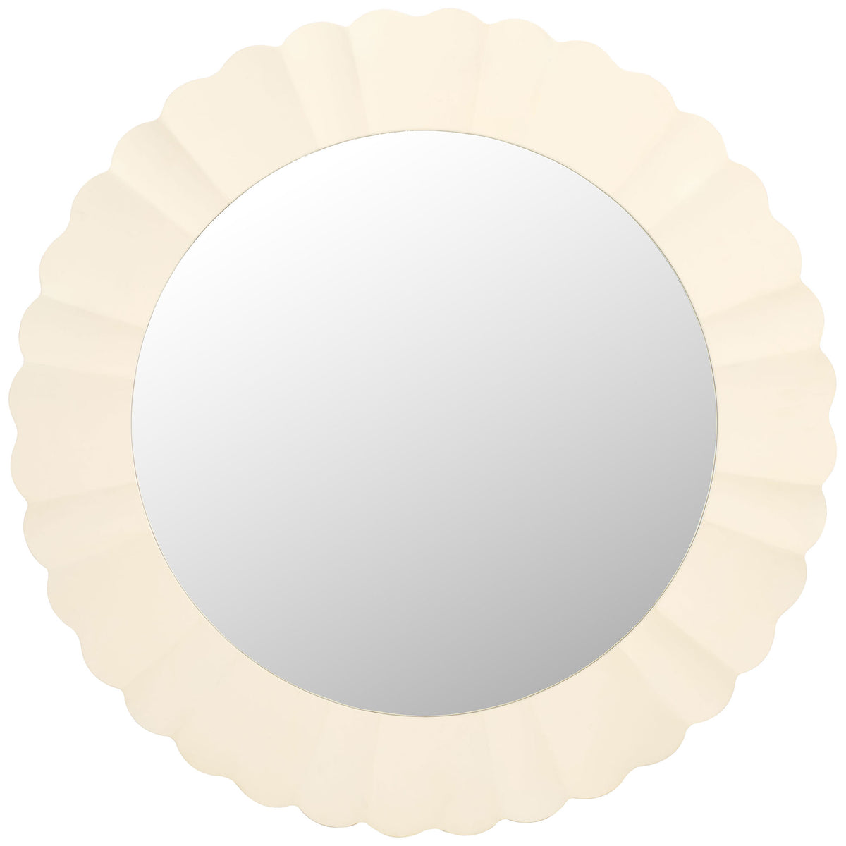 A wide white wooden frame with rippling scallops surrounds the round mirror. || MRR9004A || front_studio