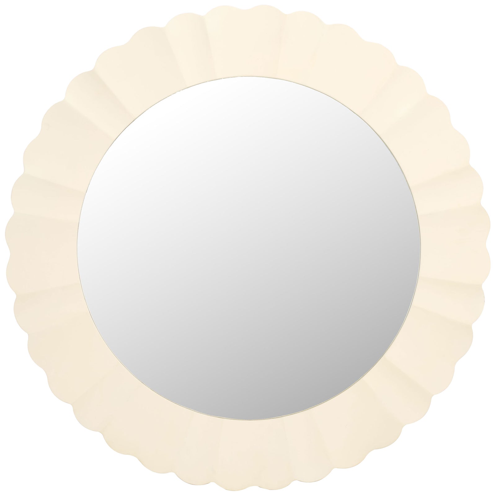 A wide white wooden frame with rippling scallops surrounds the round mirror. || MRR9004A || front_studio