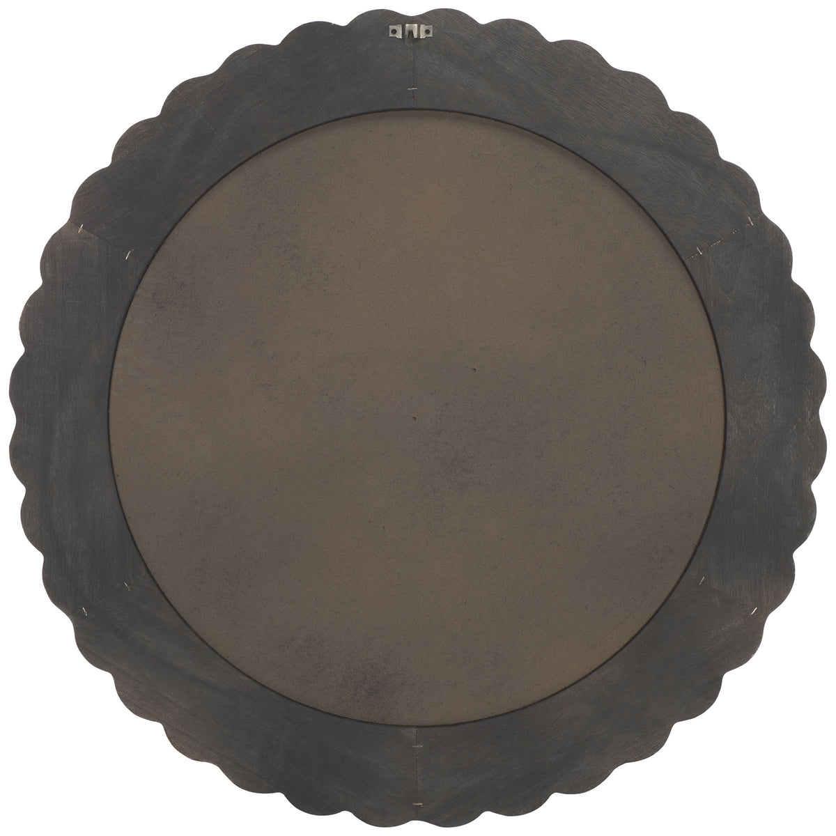 A dark circular backing and centered hanging hook sit within the scalloped wooden frame. || MRR9004B || back_studio