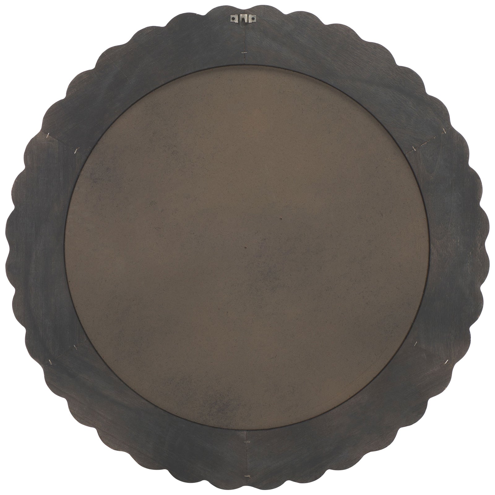 A dark circular backing and centered hanging hook sit within the scalloped wooden frame. || MRR9004B || back_studio