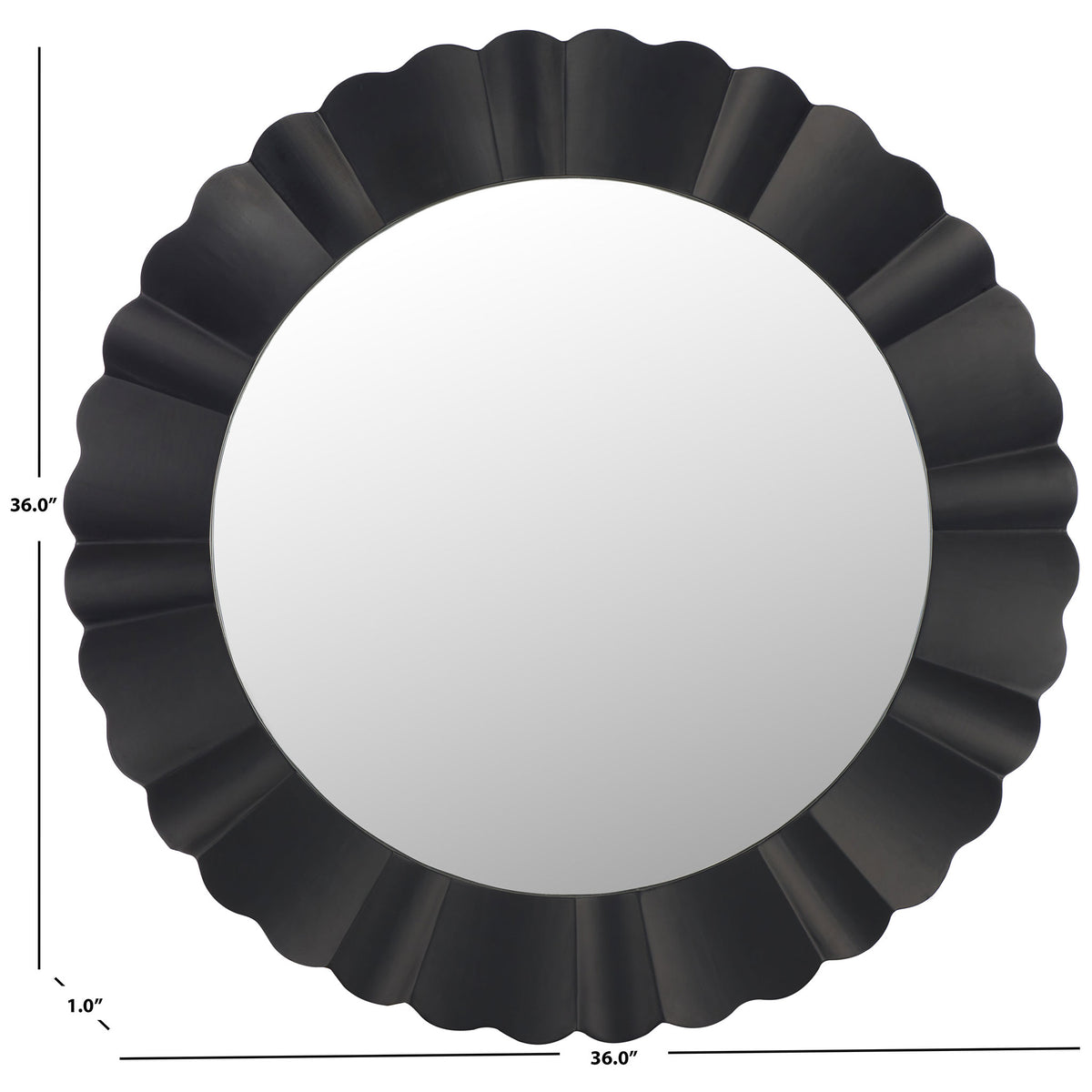 The sculpted black mirror measures 36 inches across and 1 inch deep. || MRR9004B || dimension_studio