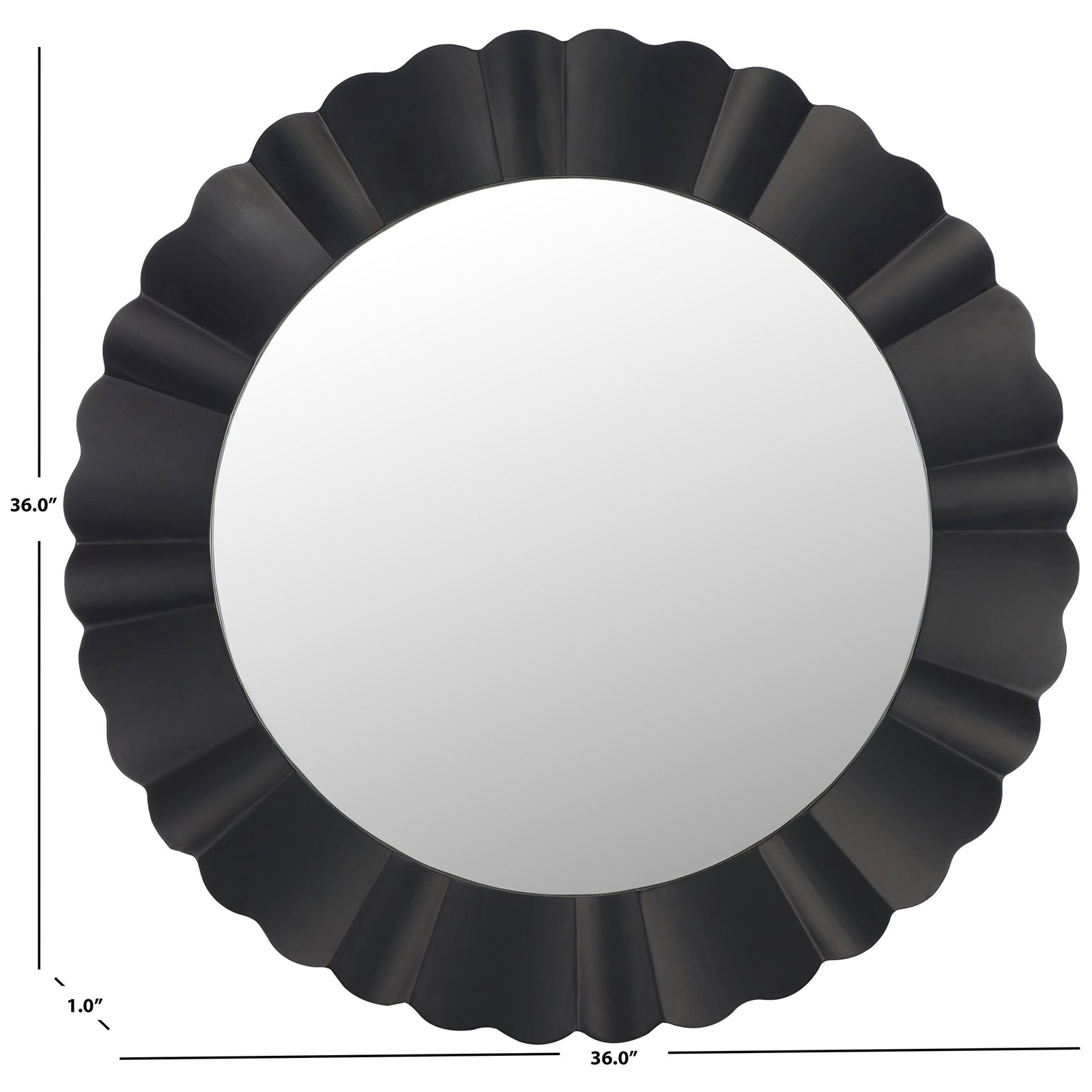 The sculpted black mirror measures 36 inches across and 1 inch deep. || MRR9004B || dimension_studio
