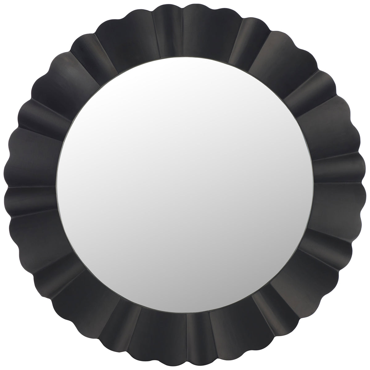 A round mirror is framed by sculpted black wood with bold, scalloped fluting. || MRR9004B || front_studio