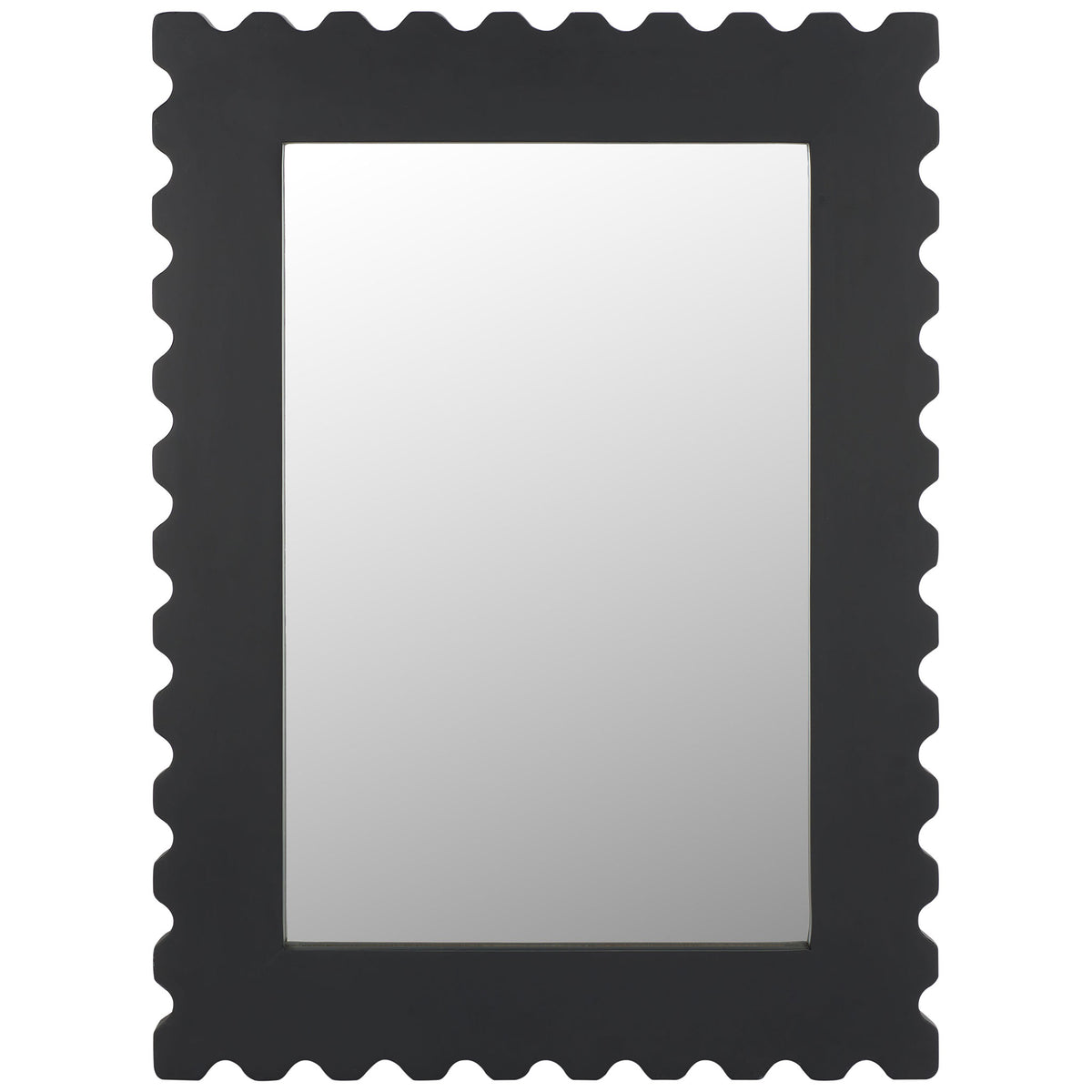 A tall rectangular mirror is framed by bold black wood with evenly scalloped edges || MRR9005A || front_studio