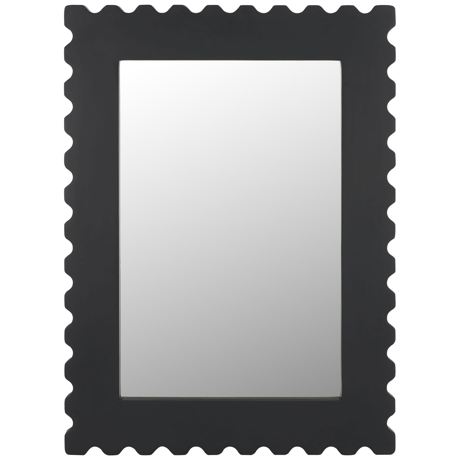 A tall rectangular mirror is framed by bold black wood with evenly scalloped edges || MRR9005A || front_studio