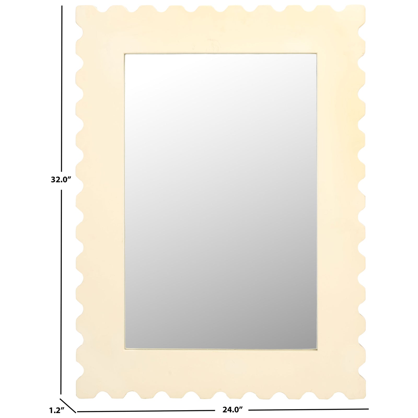 The cream scalloped mirror measures about 24 inches wide and 32 inches tall || MRR9005B || dimension_studio