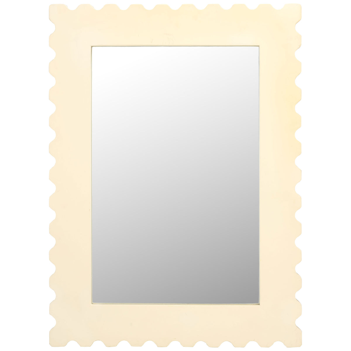 A soft cream wood frame with scalloped edges surrounds a tall rectangular mirror || MRR9005B || front_studio