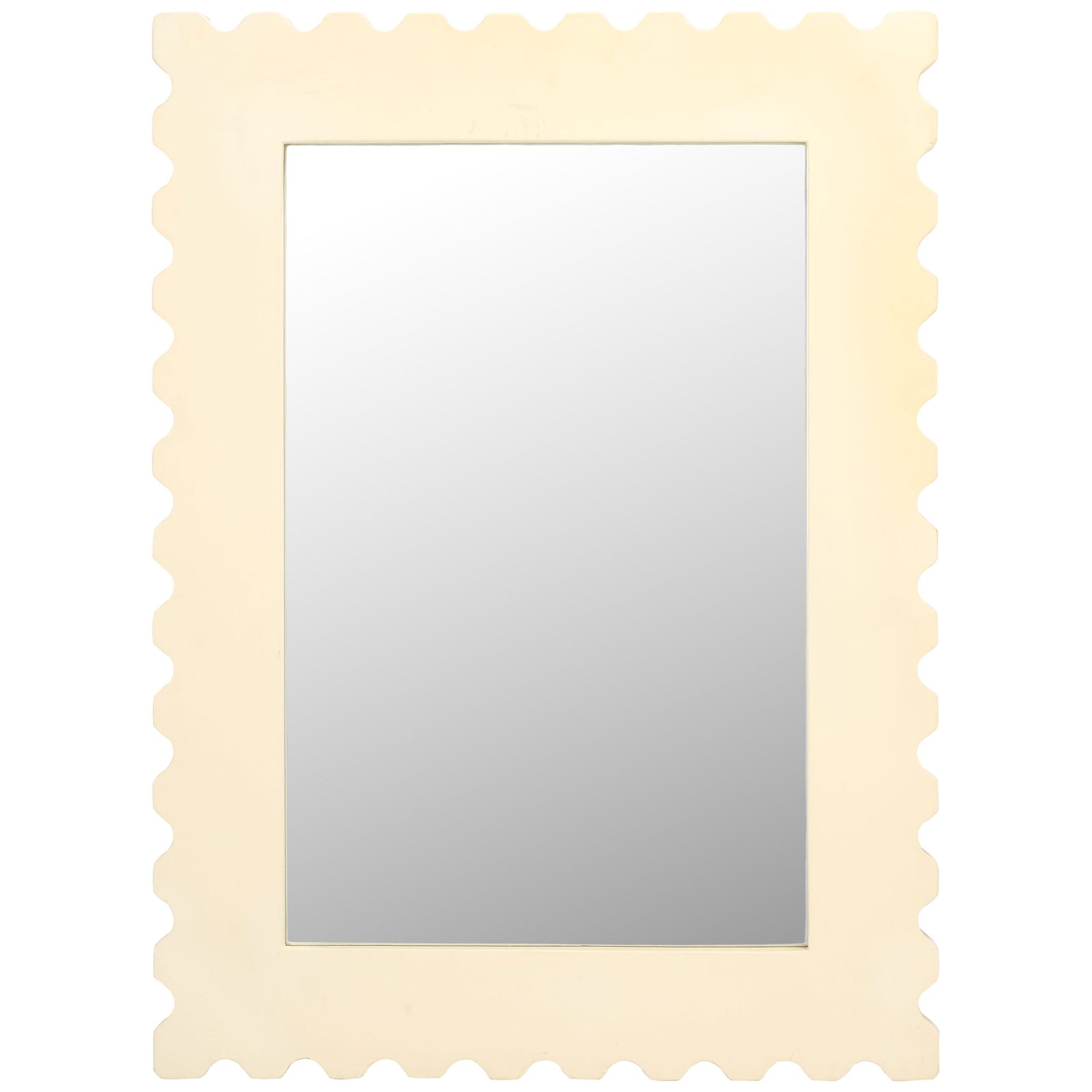 A soft cream wood frame with scalloped edges surrounds a tall rectangular mirror || MRR9005B || front_studio
