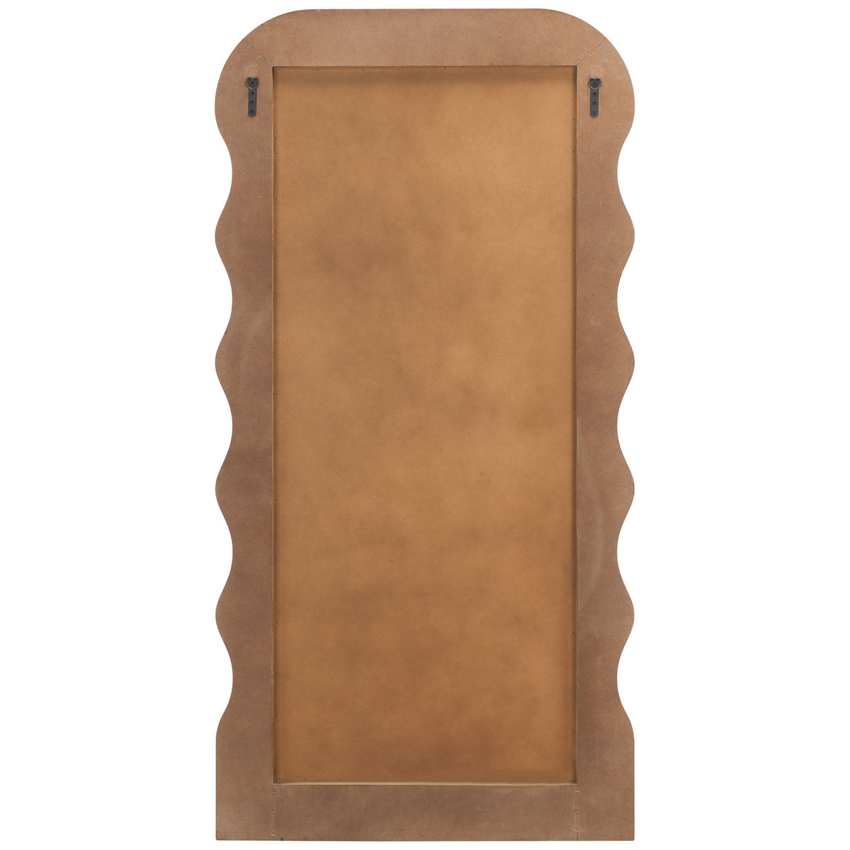 A natural brown backing panel and two hanging brackets support the white-framed mirror || MRR9006B || back_studio