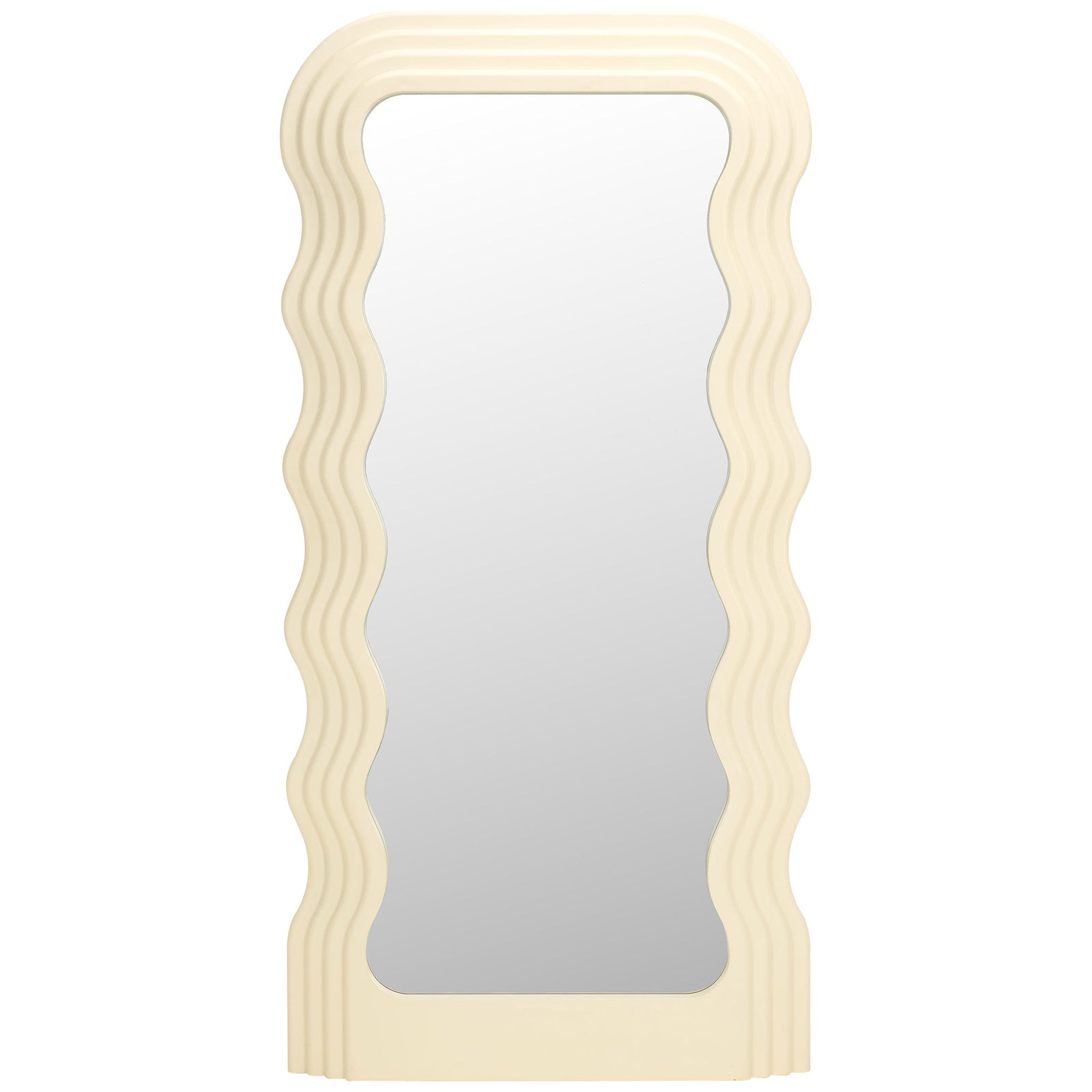 Tall white mirror has a layered frame with gently waving sides and a rounded top || MRR9006B || front_studio