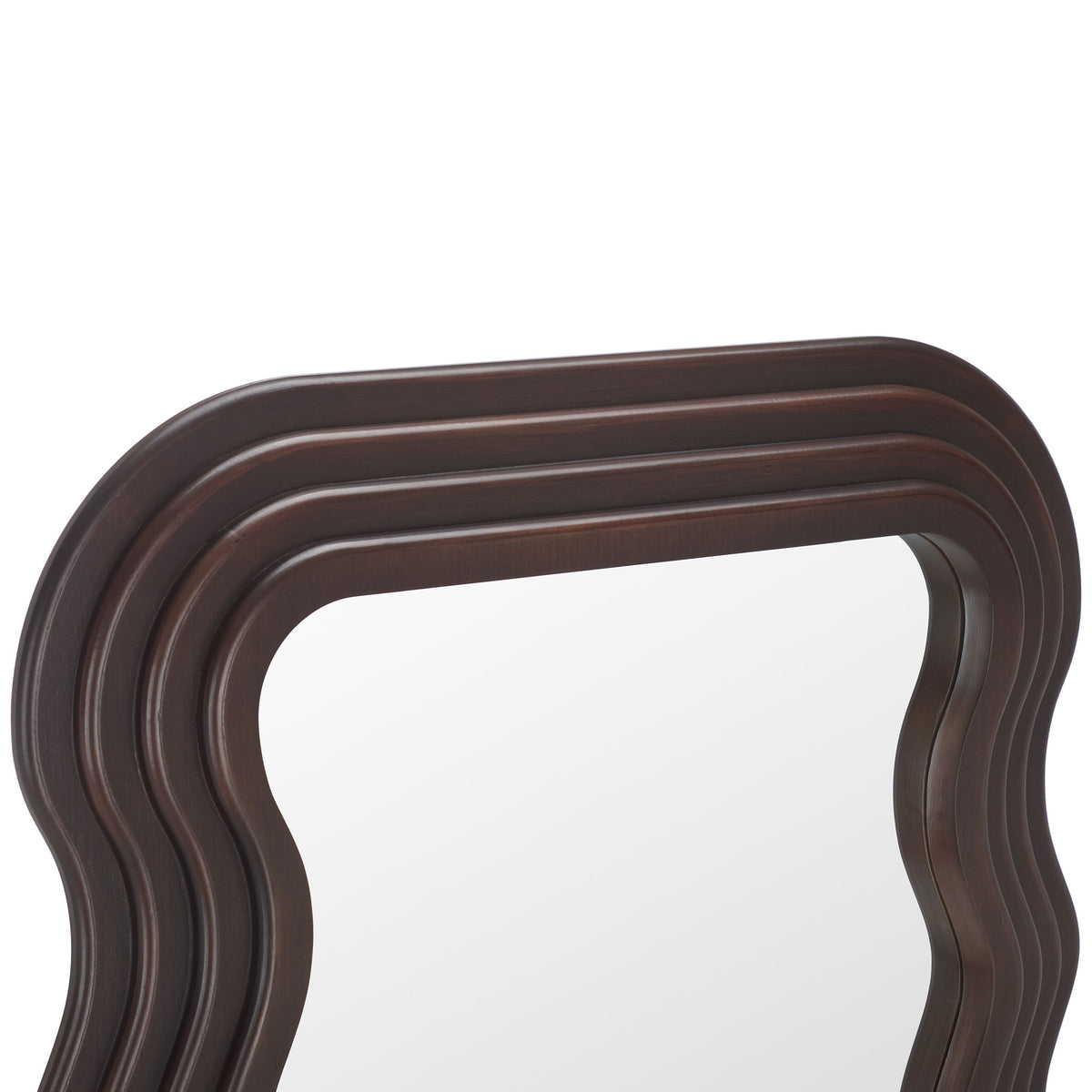 Walnut-toned wood grain and layered curves frame the reflective glass