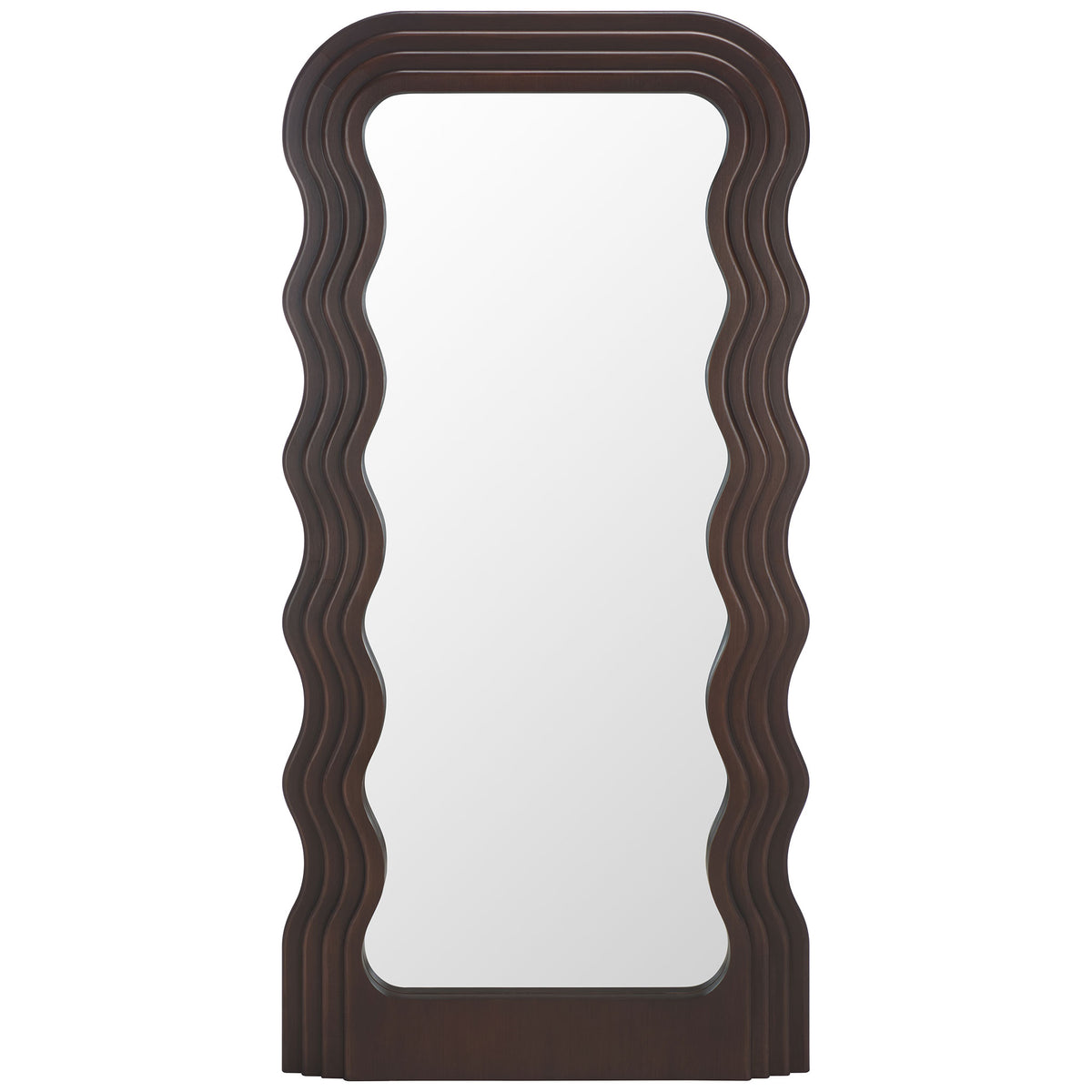 Tall walnut-toned mirror pairs an undulating frame with a broad reflective surface || MRR9006C || front_studio