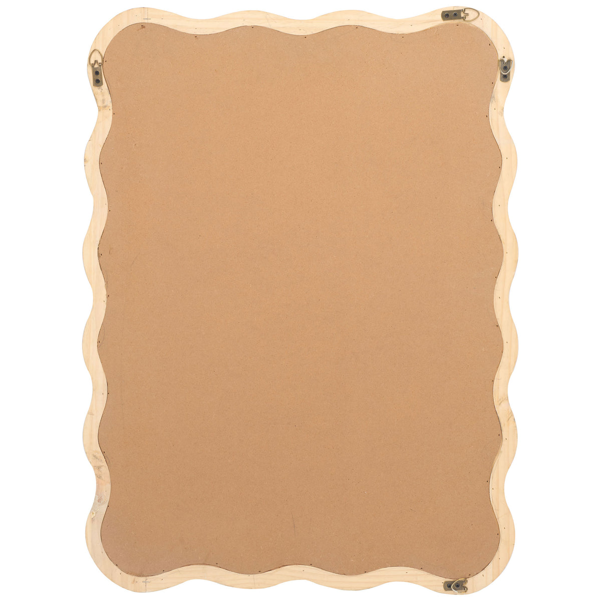 Natural wood rear edge and D-ring hangers equip the wavy mirror for wall mounting || MRR9007A || back_studio