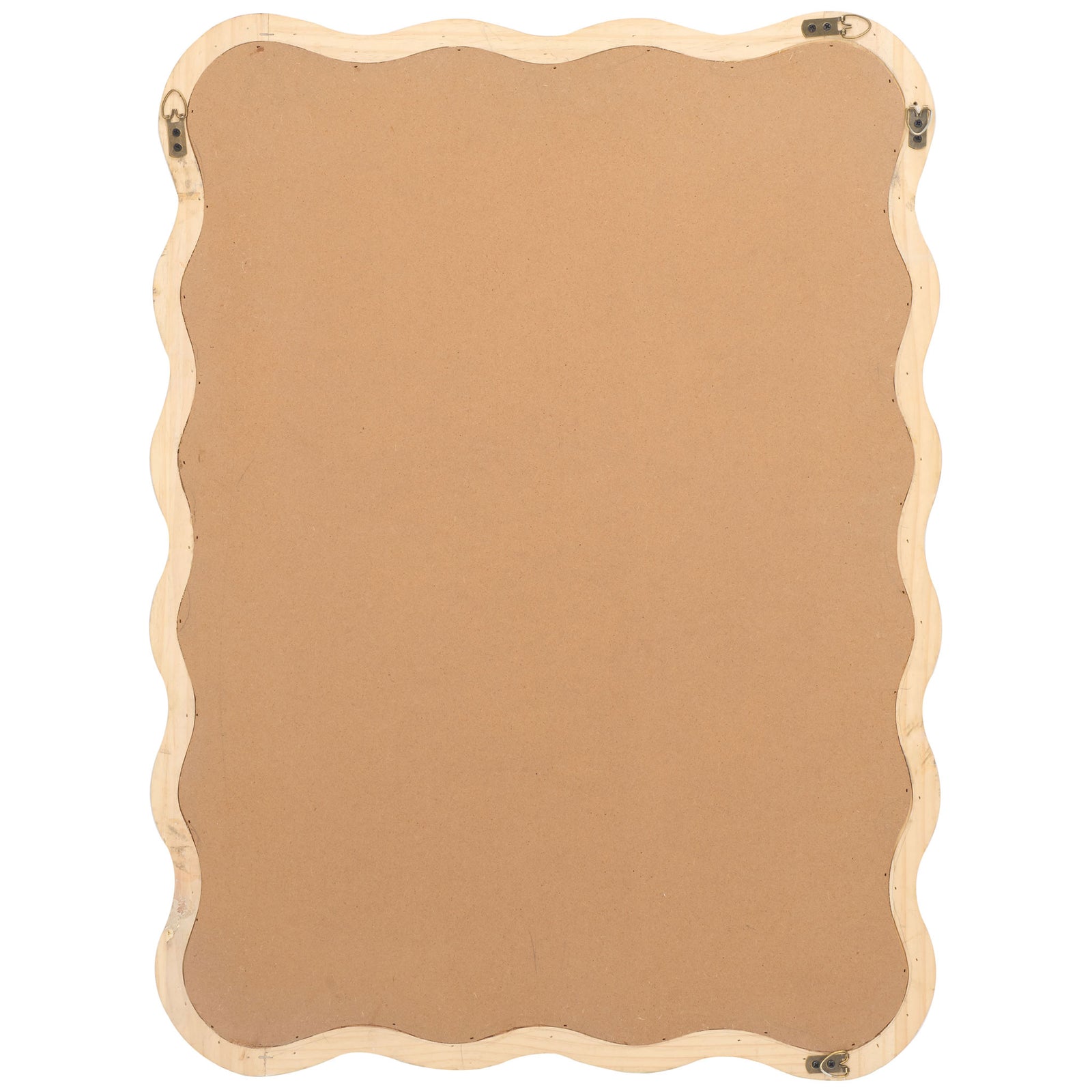Natural wood rear edge and D-ring hangers equip the wavy mirror for wall mounting || MRR9007A || back_studio
