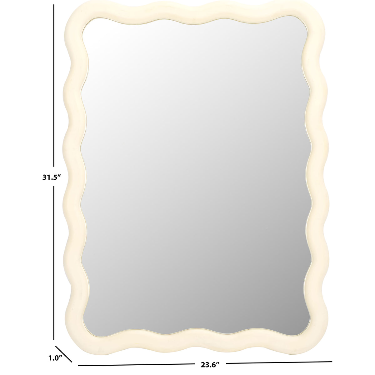Wavy white mirror measures 23.6 inches wide, 31.5 inches tall, and 1 inch deep
