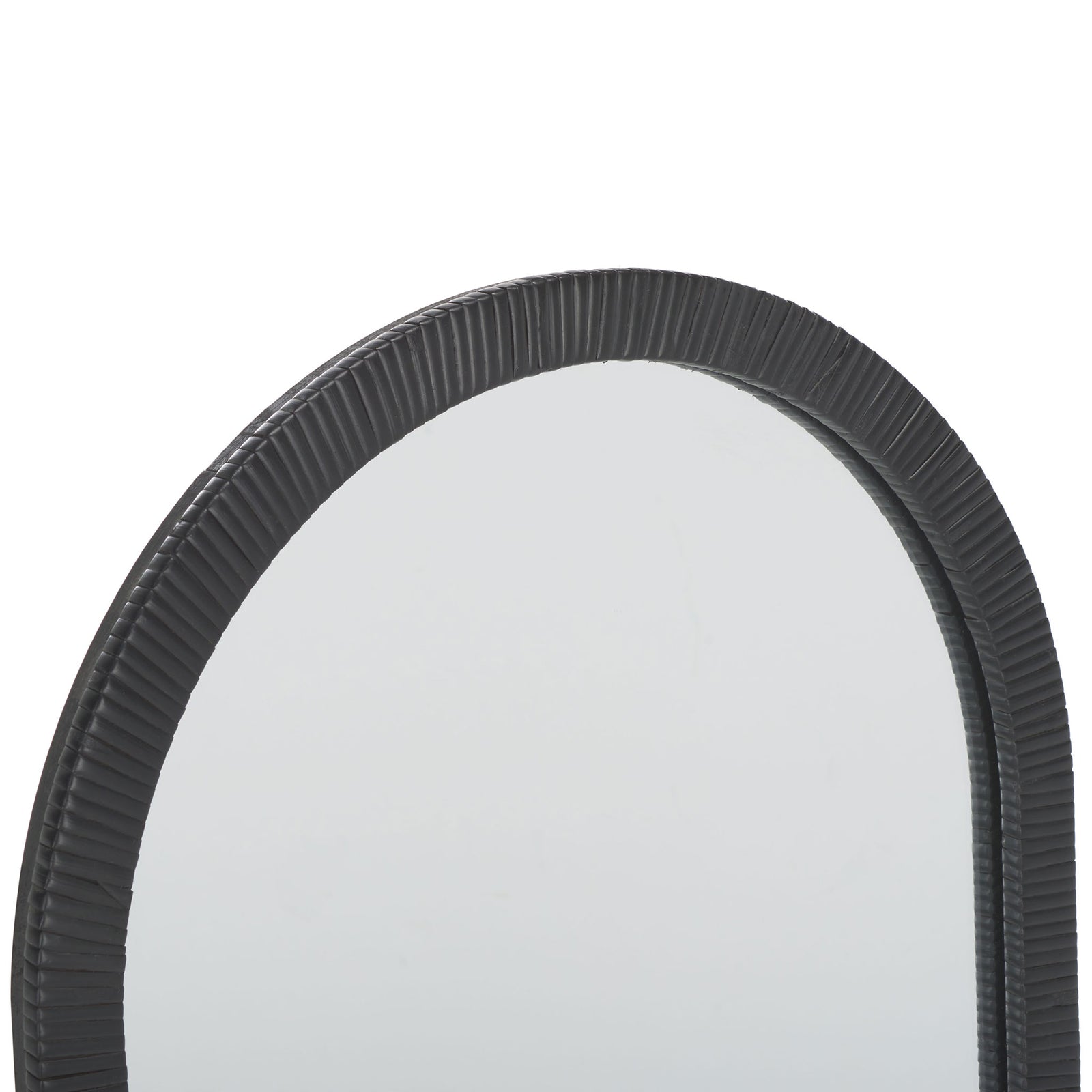 Ribbed black wood adds texture around the mirror's rounded upper edge || MRR9008A || detail_studio