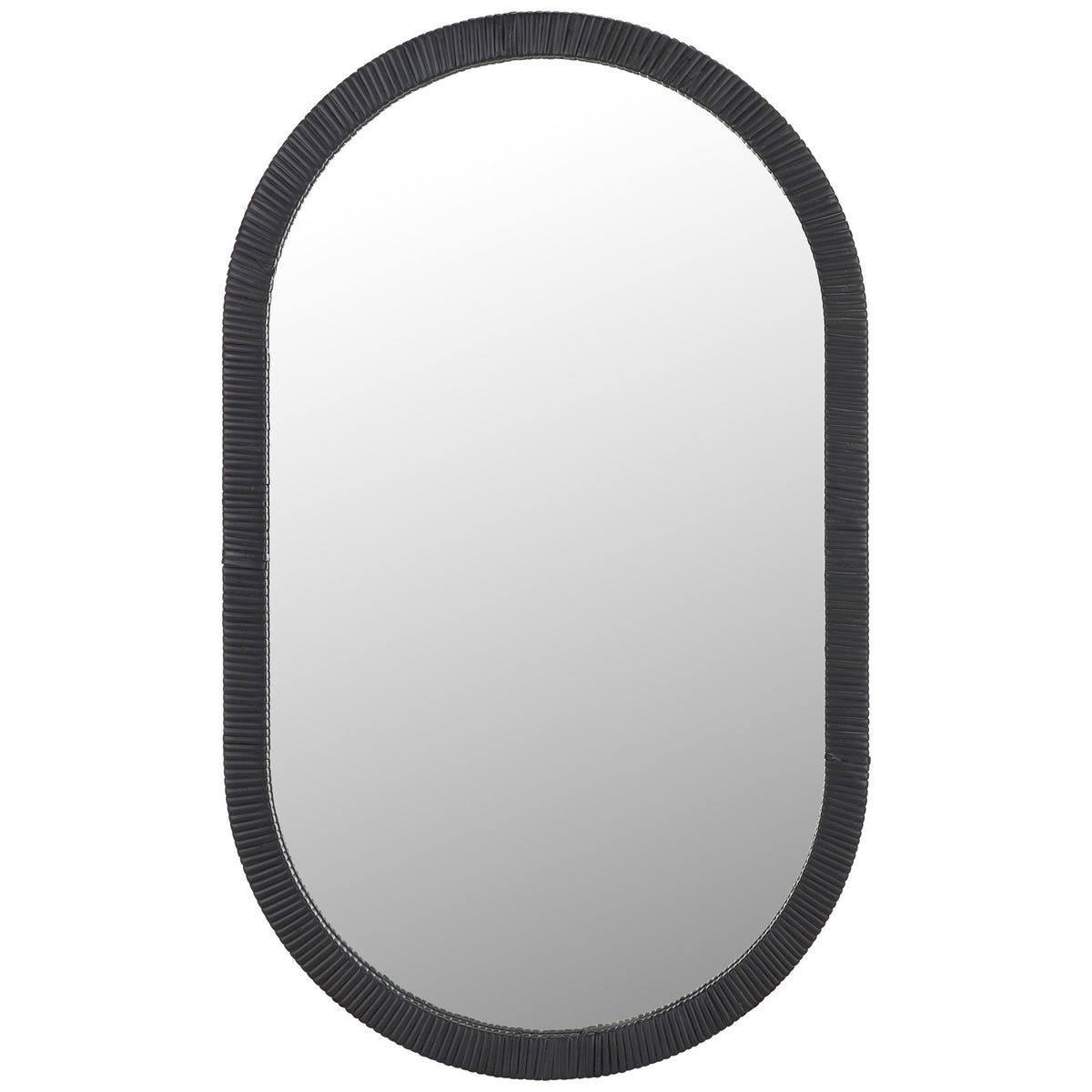 Ribbed black wood frame surrounds an elongated oval mirror for a textured accent || MRR9008A || front_studio