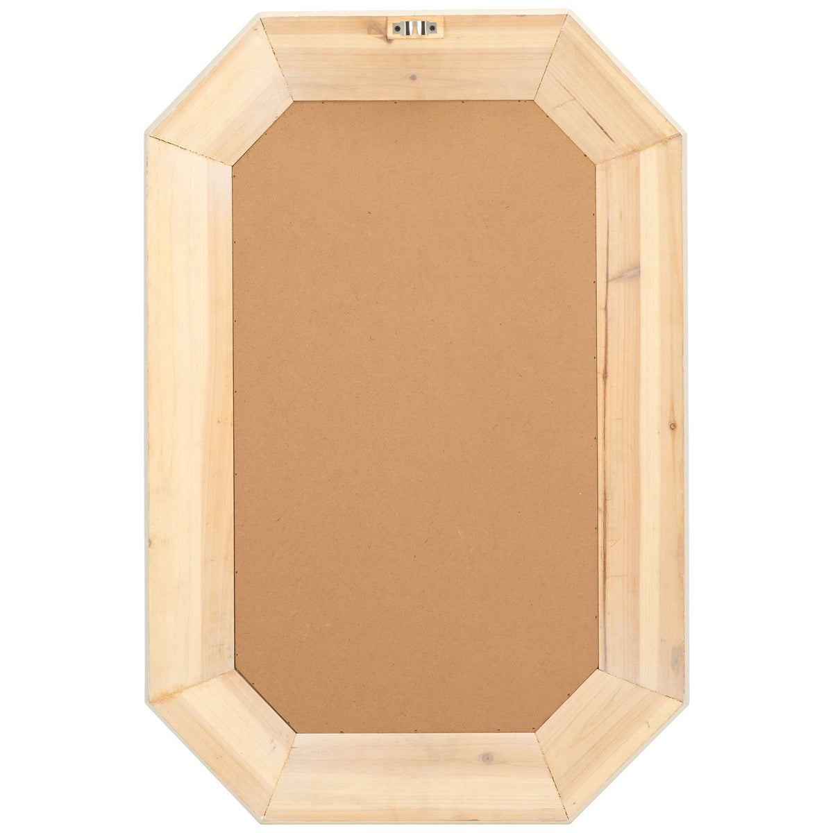 An octagonal natural wood support surrounds a brown panel with a top-mounted metal hanger. || MRR9009A || back_studio
