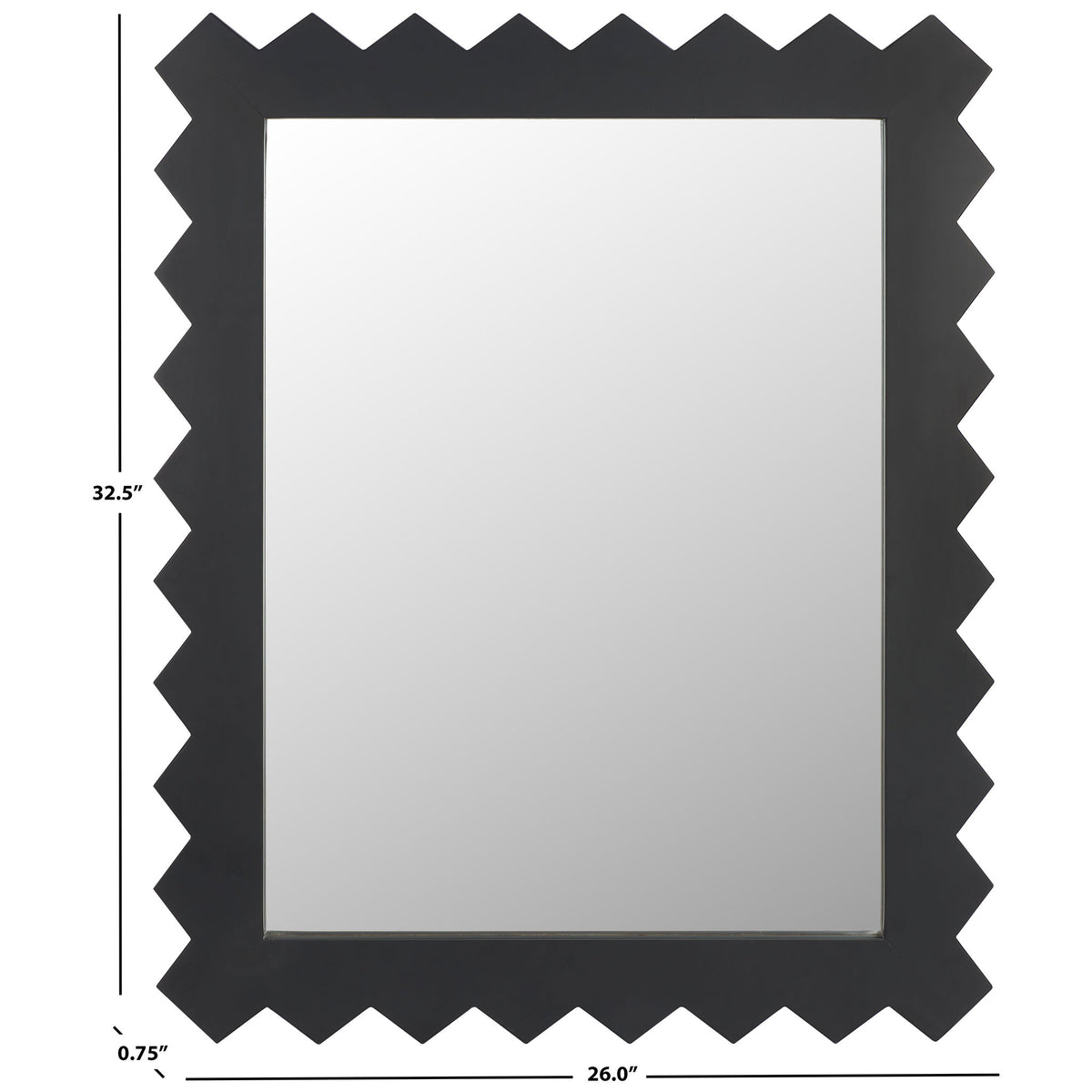 Black zigzag-framed mirror measures 26 inches wide, 32.5 inches high, and 0.75 inch deep. || MRR9010A || dimension_studio