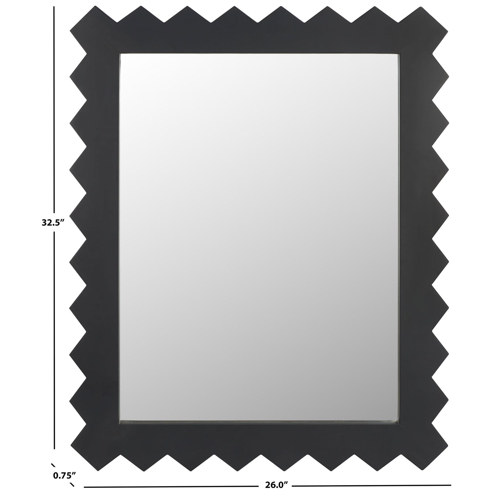 Black zigzag-framed mirror measures 26 inches wide, 32.5 inches high, and 0.75 inch deep. || MRR9010A || dimension_studio