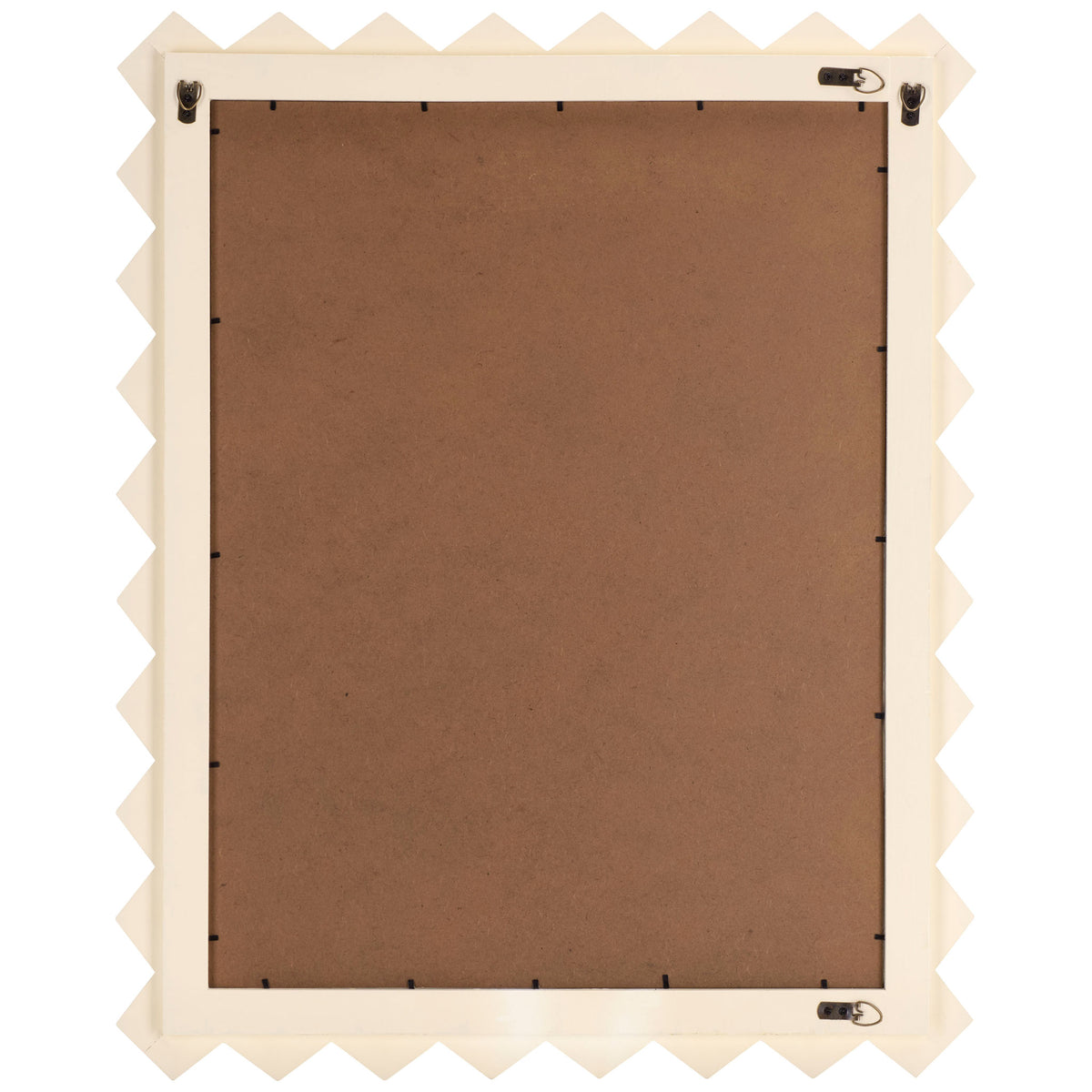 A brown back panel and metal hanging hardware sit behind the white zigzag frame. || MRR9010B || back_studio