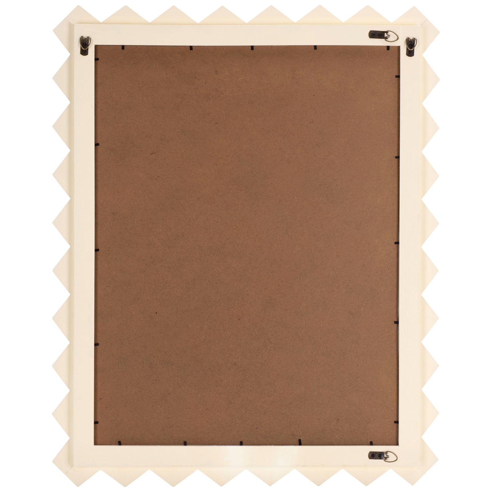 A brown back panel and metal hanging hardware sit behind the white zigzag frame. || MRR9010B || back_studio