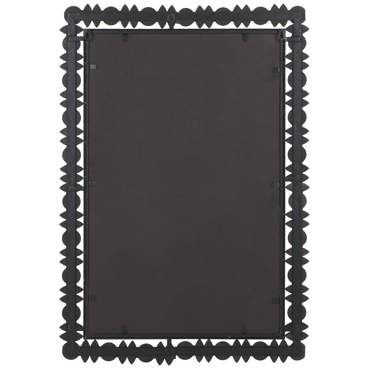 A solid backing supports a rectangular mirror with rhythmic, sculptural detailing around its frame. || MRR9011A || back_studio
