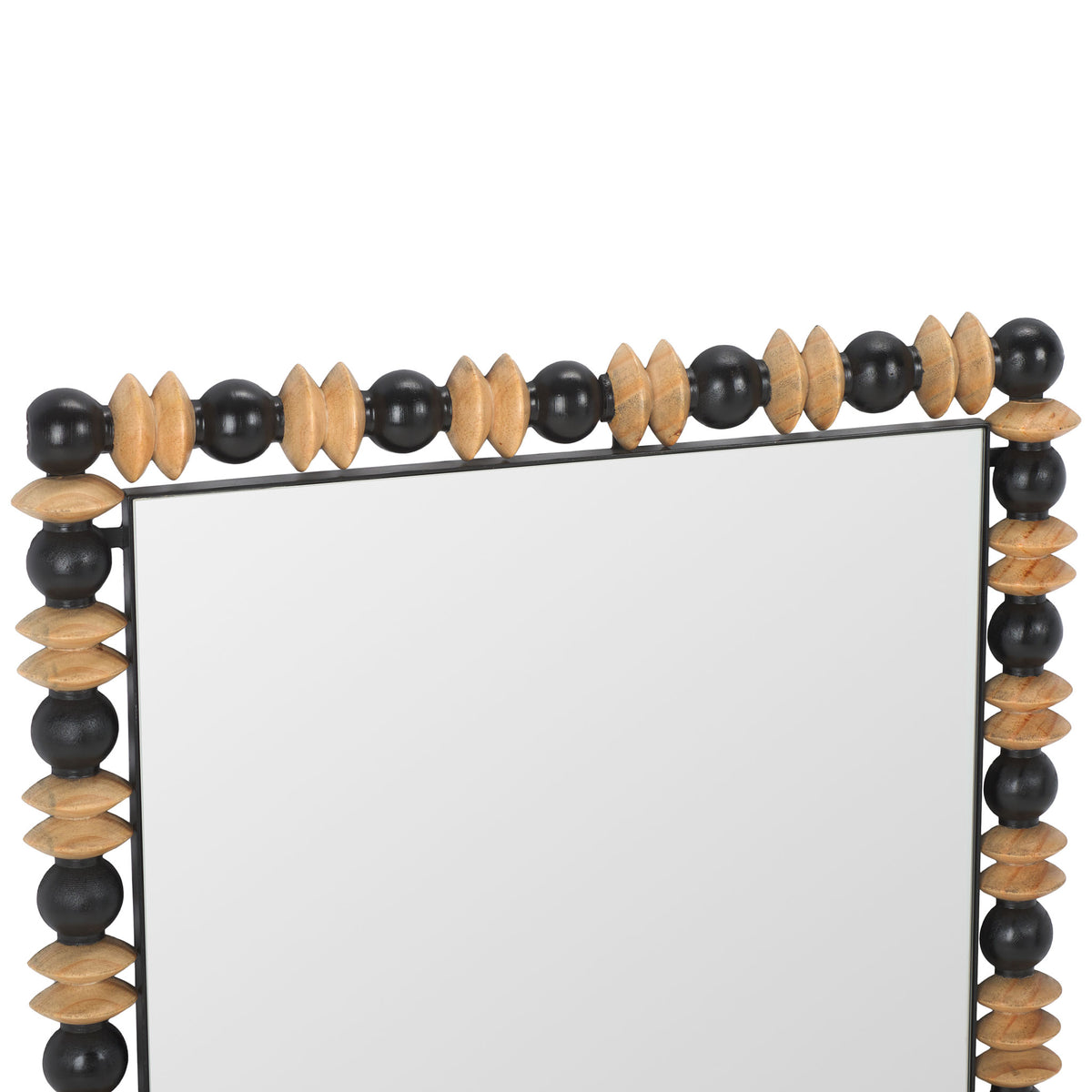 Glossy black beads and natural wood discs alternate along the mirror's slim black frame.