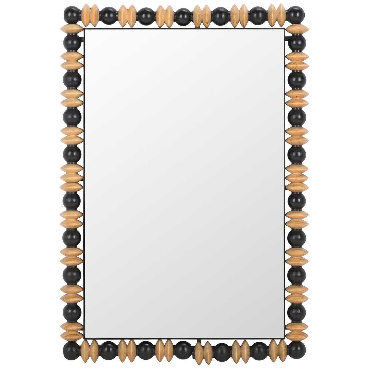 A rectangular mirror pairs smooth black beads with carved natural wood accents for a textured frame. || MRR9011A || front_studio