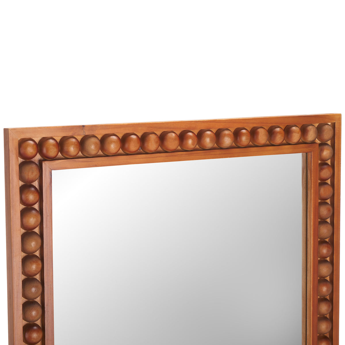 Rounded bead accents add sculptural texture to the warm reddish-brown wood frame. || MRR9012A || detail_studio