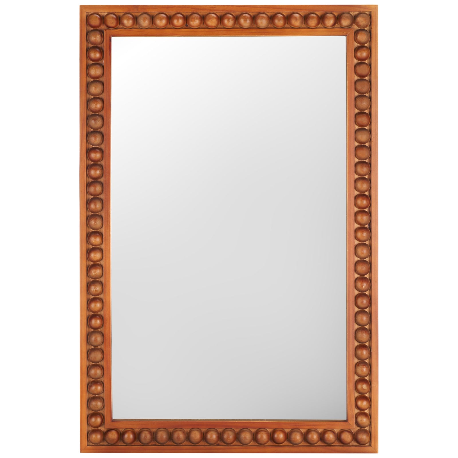A tall rectangular mirror is framed by rows of rounded wood beads in a warm red-brown finish. || MRR9012A || front_studio
