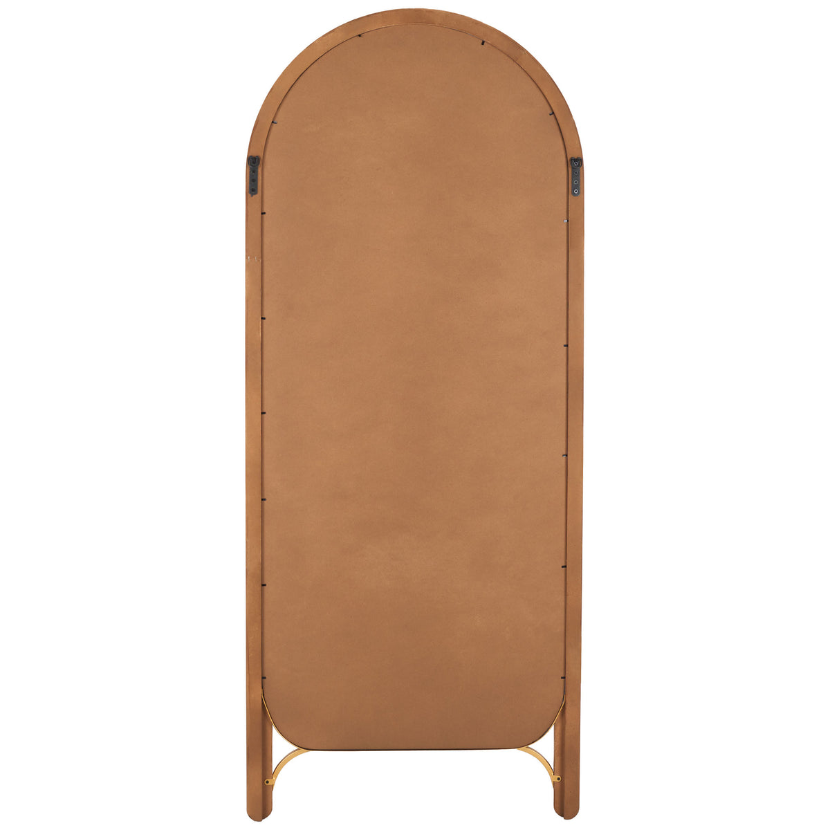 Warm wood backing and discreet hanging brackets support the arched mirror || MRR9013A || back_studio