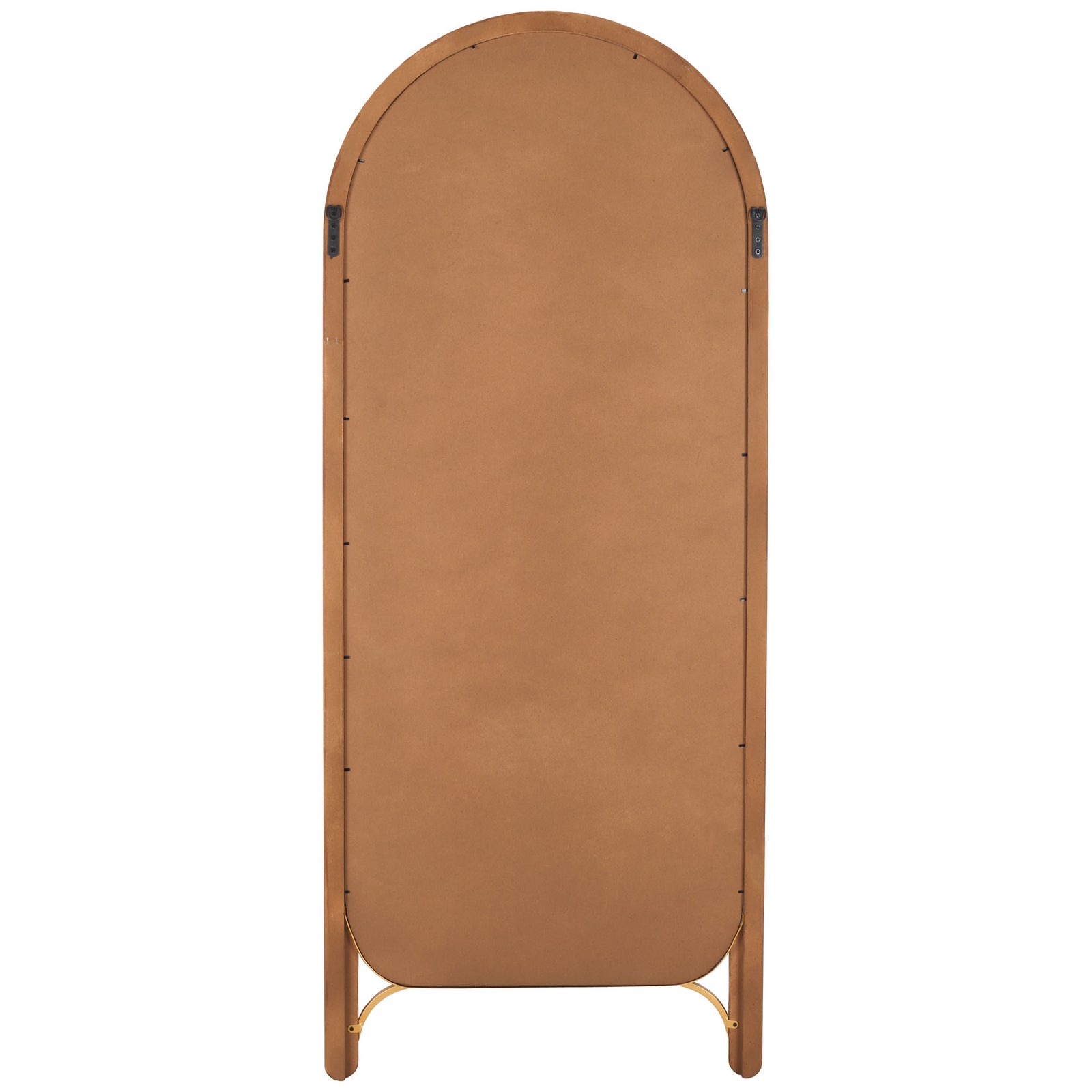 Warm wood backing and discreet hanging brackets support the arched mirror || MRR9013A || back_studio