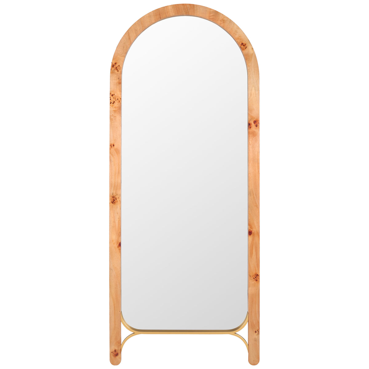 Tall arched mirror pairs a natural wood frame with a slender accent at the base || MRR9013A || front_studio