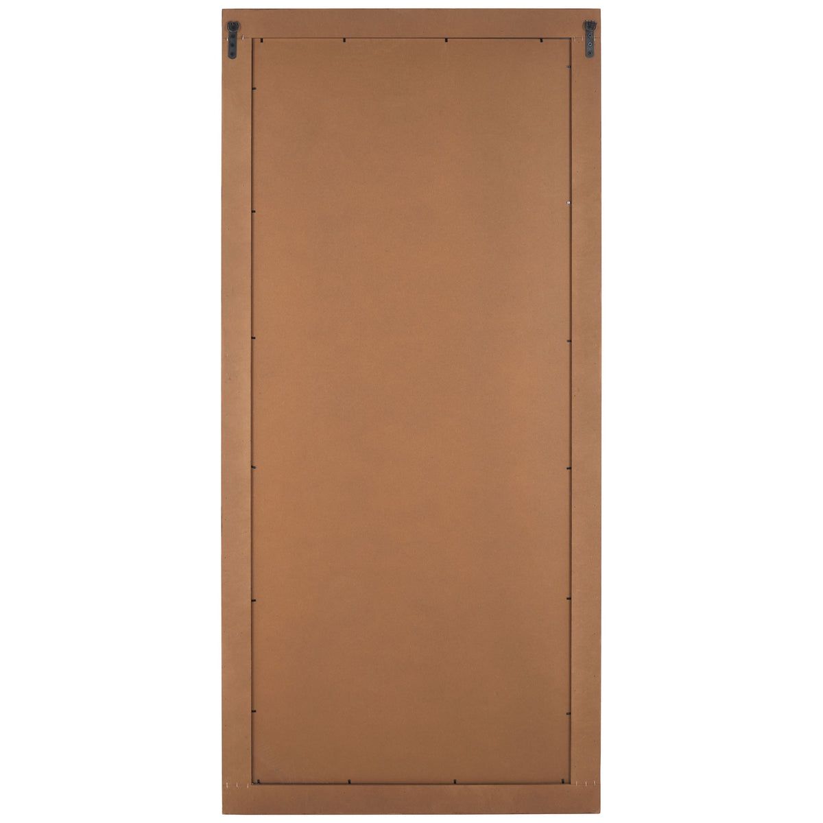 Brown back panel with two metal mounting brackets completes this tall rectangular mirror. || MRR9014A || back_studio
