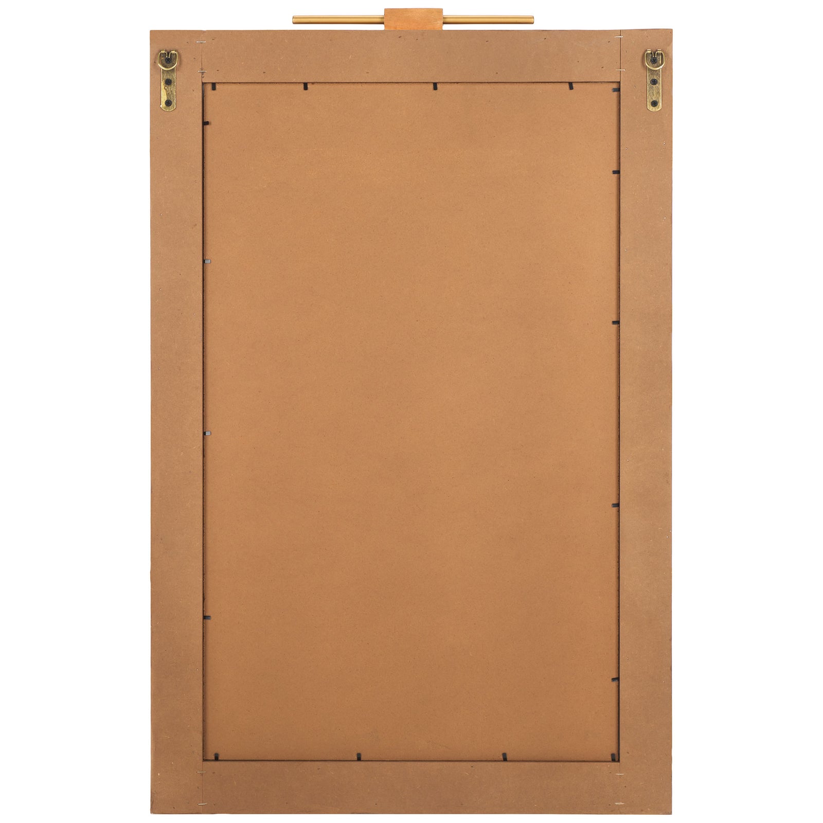 Twin D-ring hangers and a solid backing equip this natural wood mirror for vertical wall mounting. || MRR9015A || back_studio