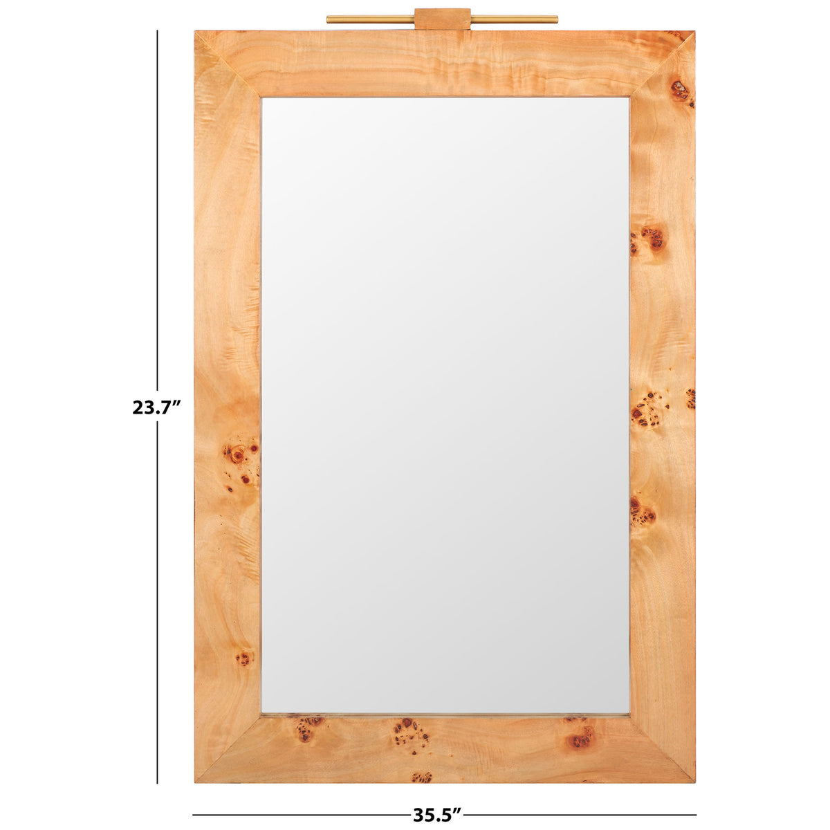 A wide, light wood frame surrounds the rectangular mirror, accented by a slender gold-tone bar.