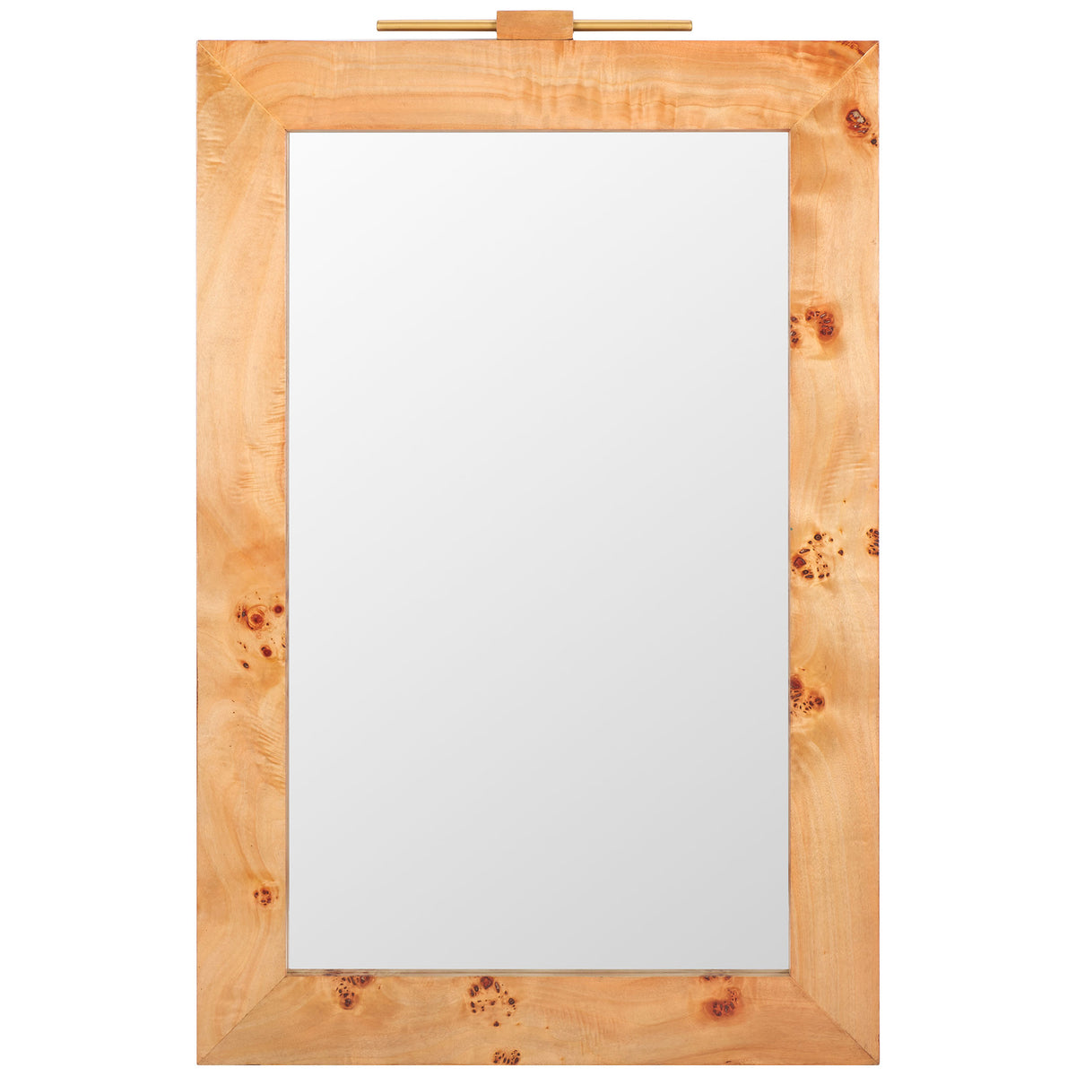 A tall rectangular mirror pairs warm, knotty wood grain with a sleek gold-tone top accent. || MRR9015A || front_studio