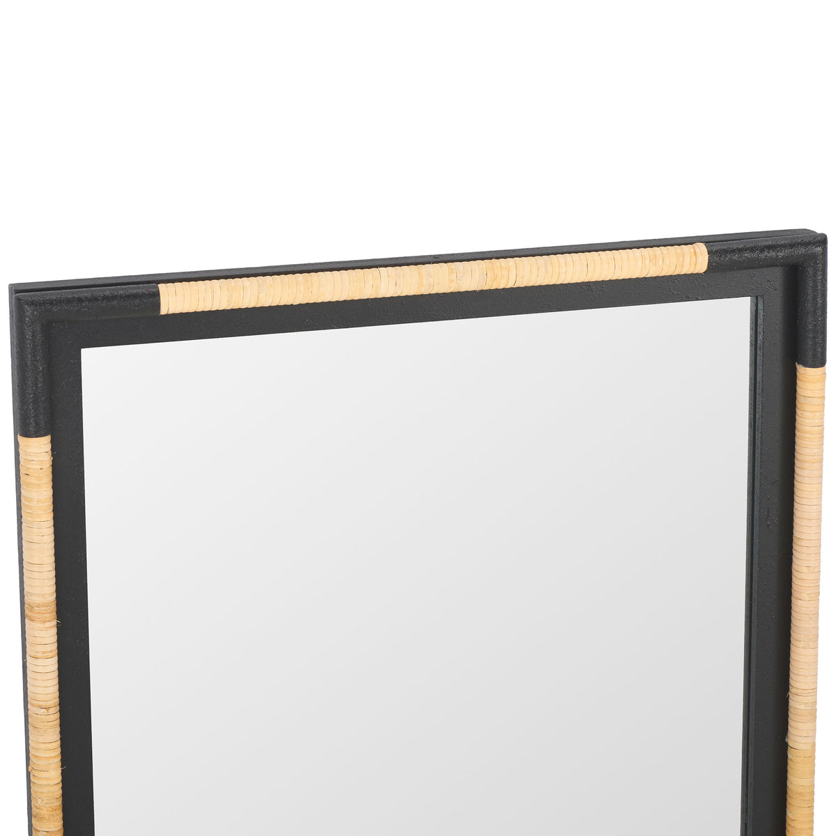 Natural rope accents along the top and sides contrast with the mirror's black frame || MRR9016A || detail_studio