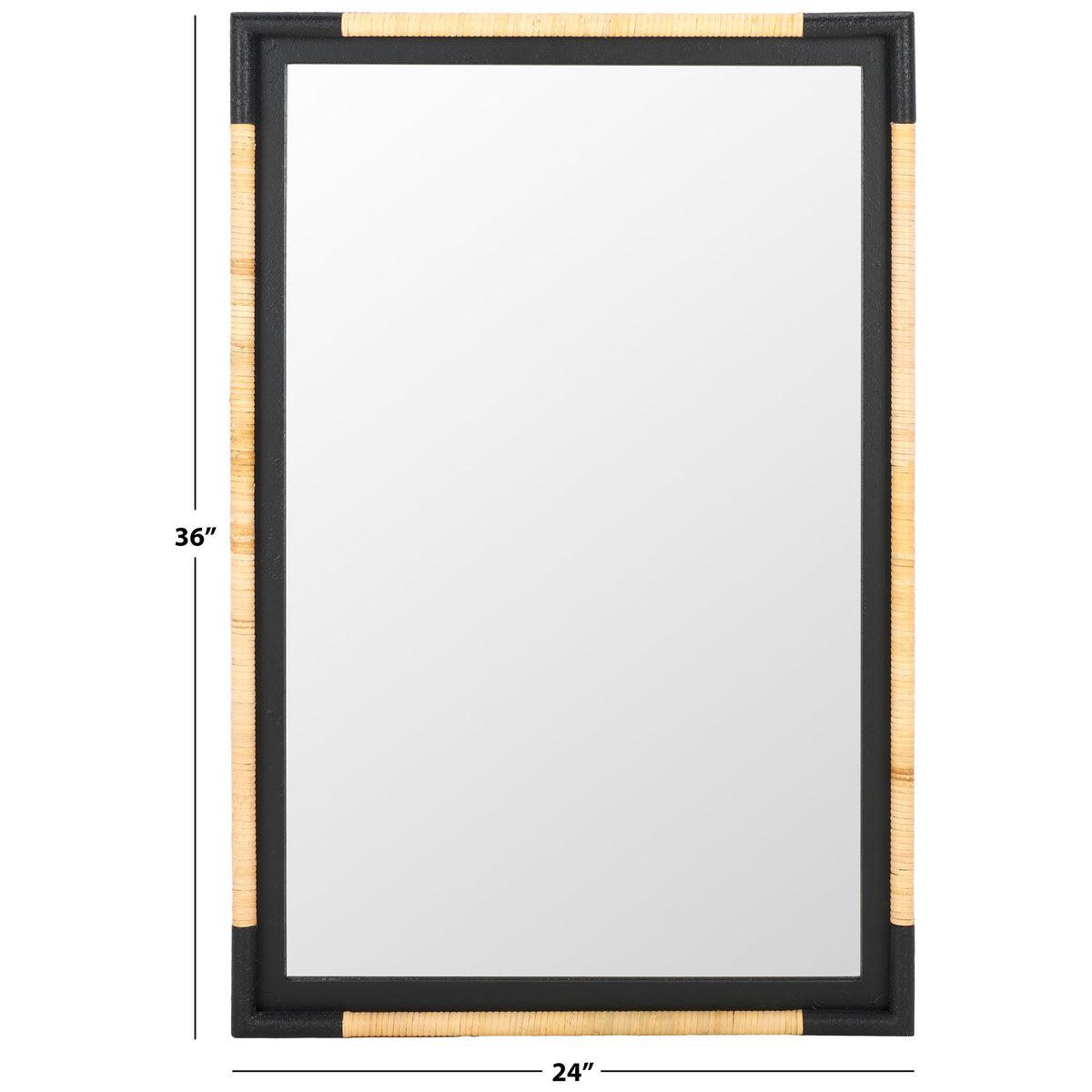 A black, rope-accented mirror measures about 24 inches wide by 36 inches high || MRR9016A || dimension_studio