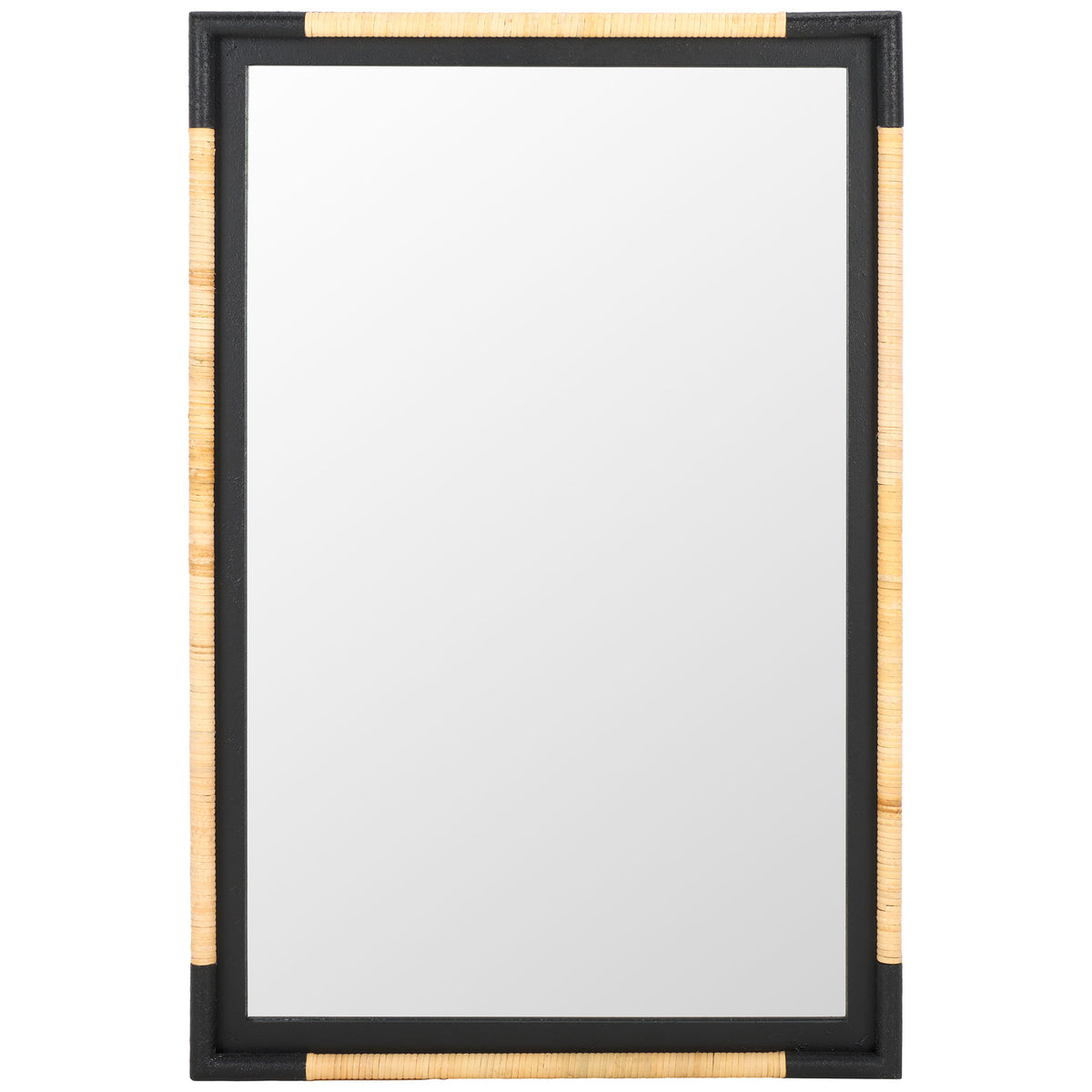 Natural rope accents add warmth and texture to the black frame of this rectangular wall mirror || MRR9016A || front_studio