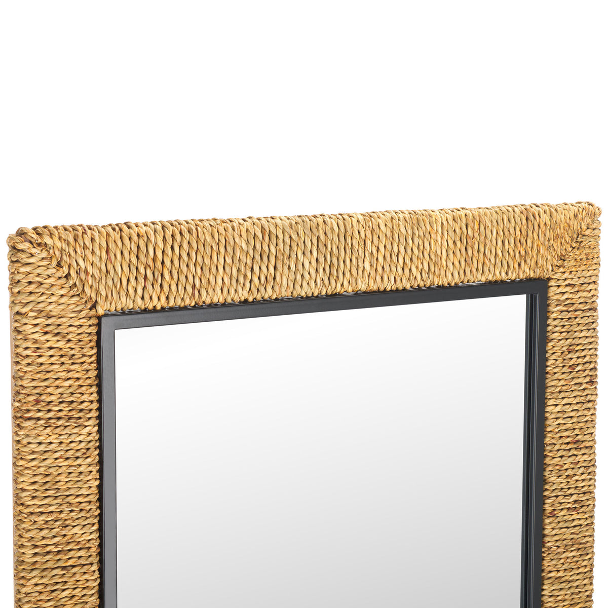 Tightly woven natural rope surrounds the slim black trim and reflective glass. || MRR9017A || detail_studio