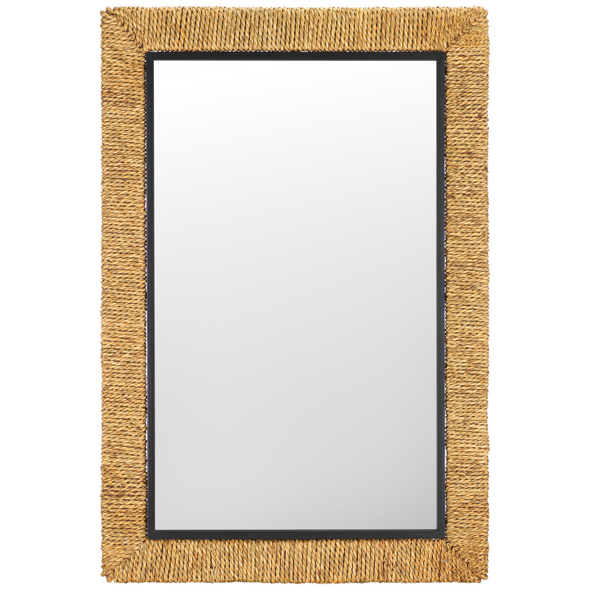 Rectangular mirror pairs a warm rope-wrapped frame with slim black inner trim. || MRR9017A || front_studio